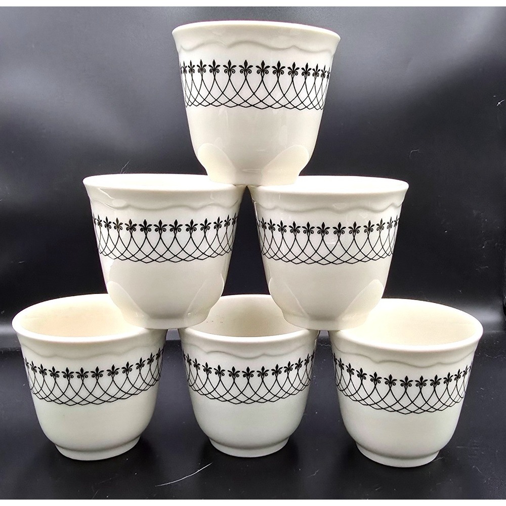 Syracuse China Vintage 101-H USA Set of 6 White‎ Cups Black Fleur-de-lis Design